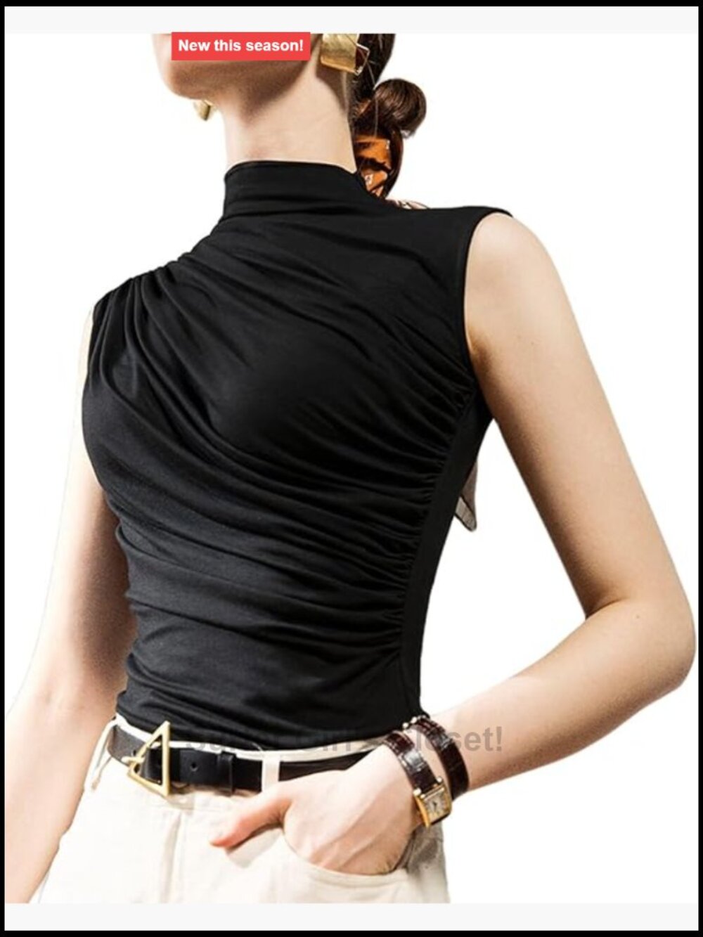 Women Fitted Sleeveless Ruched Mock Turtleneck Tank Top